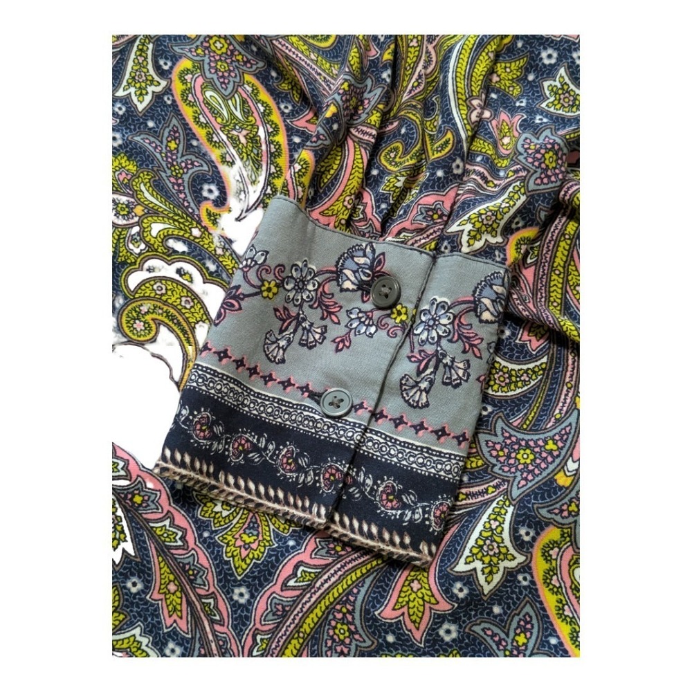 LOFT paisley yellow and blue button-down blouse Size SP Petite Long Sleeve - Picture 8 of 9